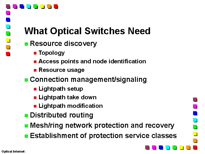 What Optical Switches Need Resource discovery Topology Access points and node identification Resource usage