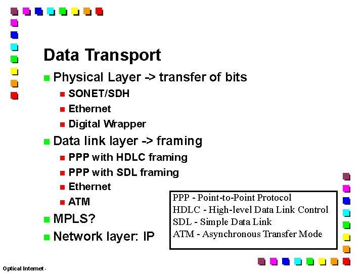 Data Transport Physical Layer -> transfer of bits SONET/SDH Ethernet Digital Wrapper Data link