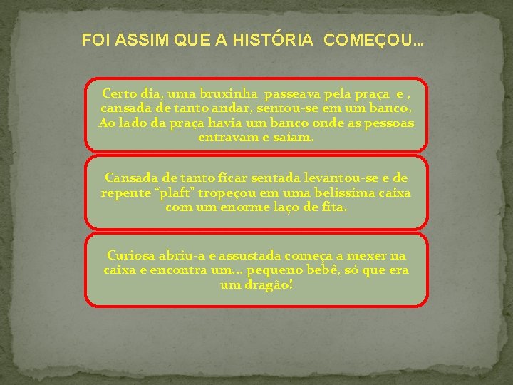 FOI ASSIM QUE A HISTÓRIA COMEÇOU. . . Certo dia, uma bruxinha passeava pela