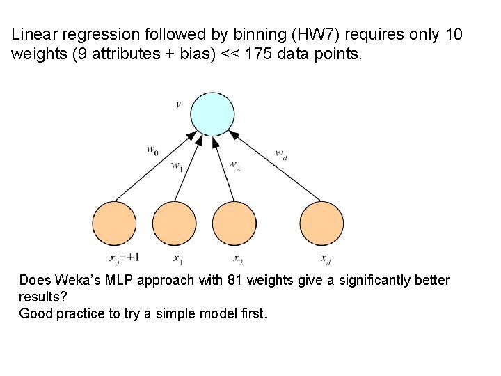 Linear regression followed by binning (HW 7) requires only 10 weights (9 attributes +