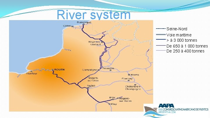 River system Seine-Nord Voie maritime > à 3 000 tonnes De 650 à 1