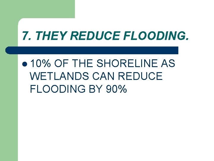 7. THEY REDUCE FLOODING. l 10% OF THE SHORELINE AS WETLANDS CAN REDUCE FLOODING