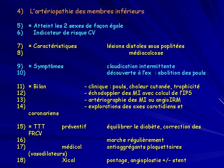 4) L’artériopathie des membres inférieurs 5) Atteint les 2 sexes de façon égale 6)