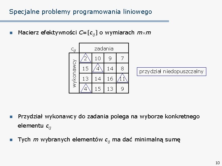 Specjalne problemy programowania liniowego n Macierz efektywności C=[cij] o wymiarach m m wykonawcy cij