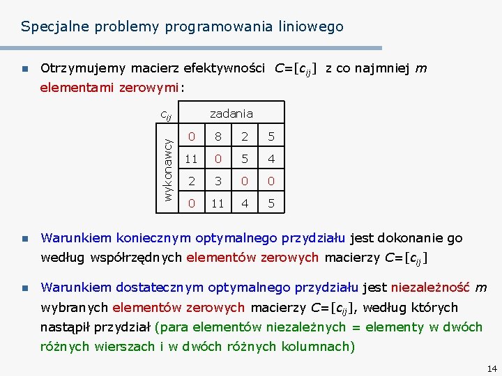 Specjalne problemy programowania liniowego n Otrzymujemy macierz efektywności C=[cij] z co najmniej m elementami