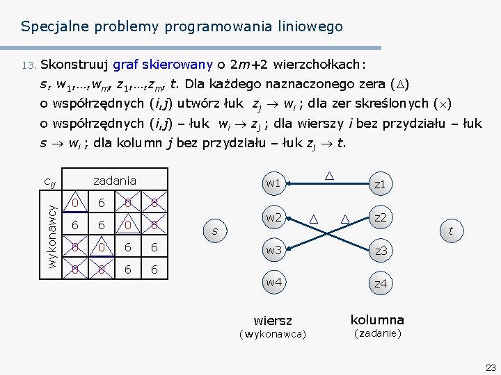 Specjalne problemy programowania liniowego 13. Skonstruuj graf skierowany o 2 m+2 wierzchołkach: s, w