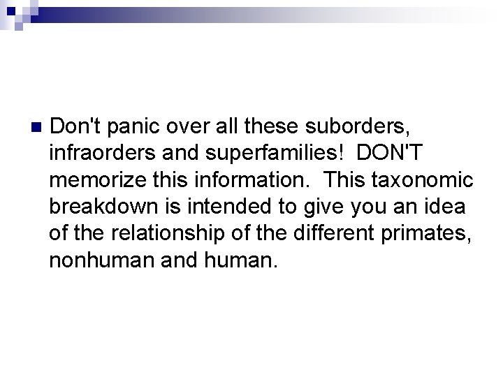 n Don't panic over all these suborders, infraorders and superfamilies! DON'T memorize this information.