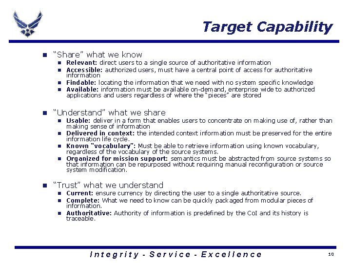 Target Capability n “Share” what we know n Relevant: direct users to a single