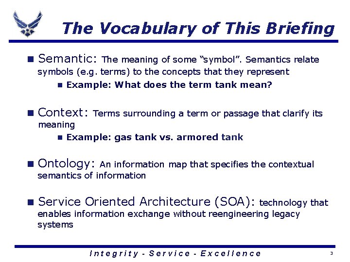 The Vocabulary of This Briefing n Semantic: n Context: The meaning of some “symbol”.