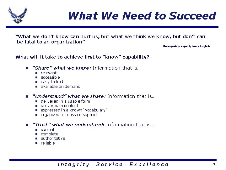 What We Need to Succeed “What we don’t know can hurt us, but what