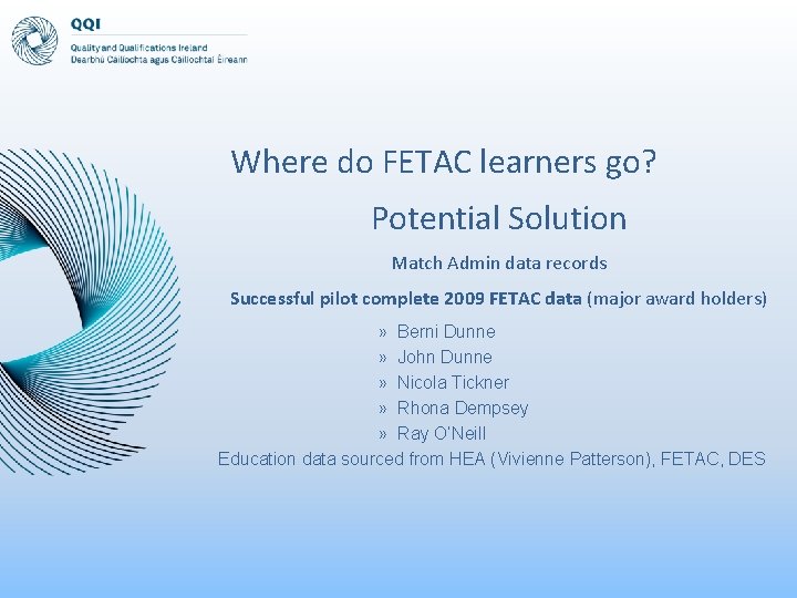 Where do FETAC learners go? Potential Solution Match Admin data records Successful pilot complete