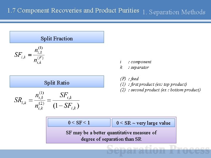 1. 7 Component Recoveries and Product Purities 1. Separation Methods Split Fraction i k