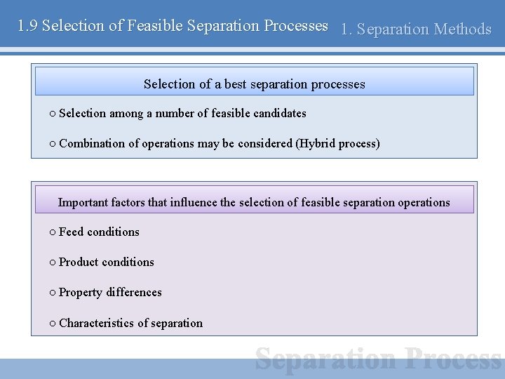 1. 9 Selection of Feasible Separation Processes 1. Separation Methods Selection of a best