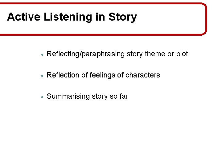 Active Listening in Story · Reflecting/paraphrasing story theme or plot · Reflection of feelings