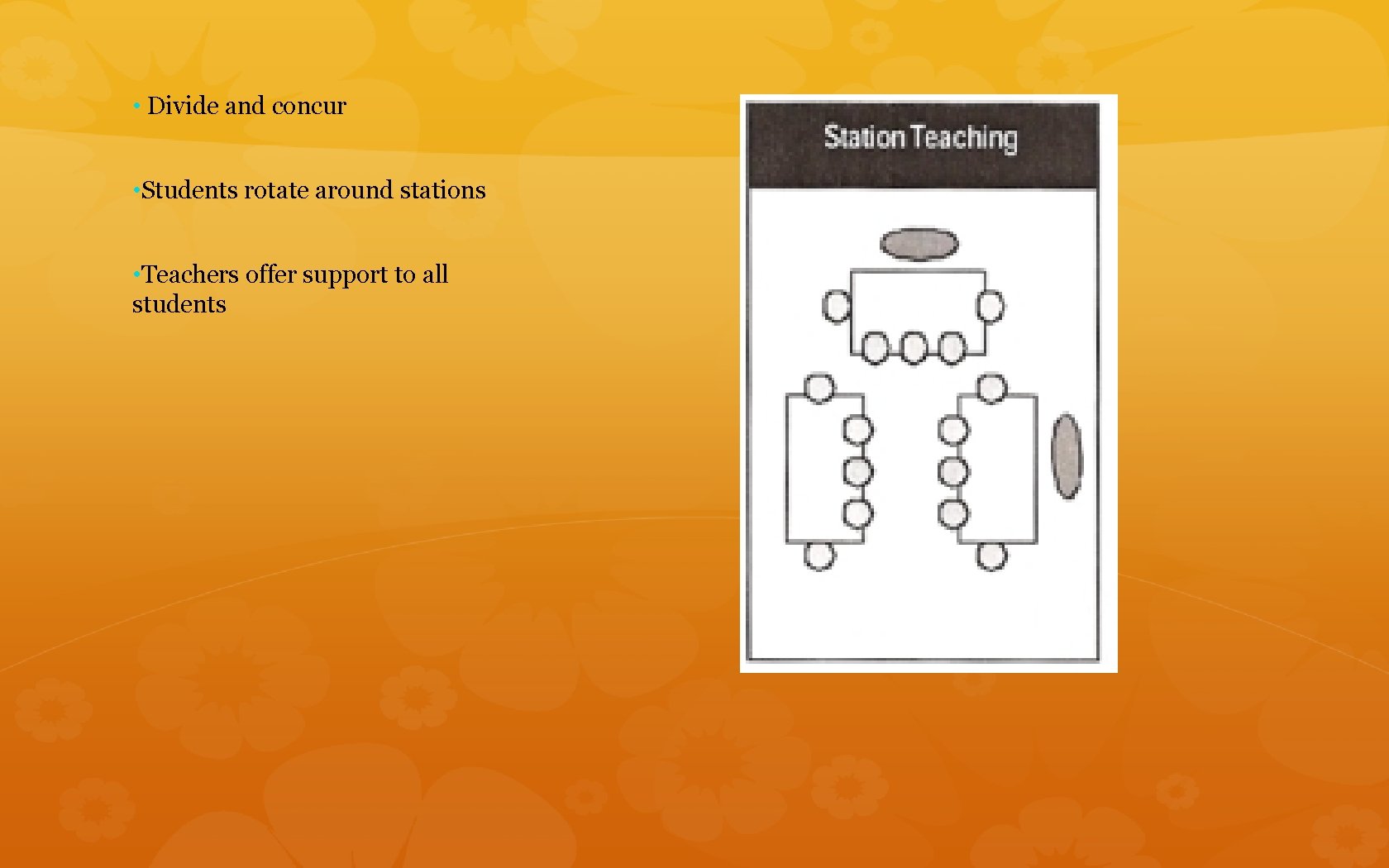  • Divide and concur • Students rotate around stations • Teachers offer support