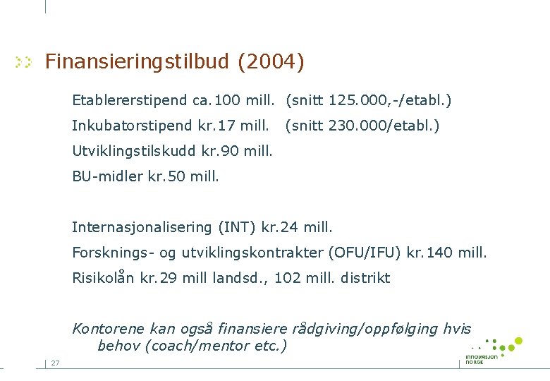 Finansieringstilbud (2004) Etablererstipend ca. 100 mill. (snitt 125. 000, -/etabl. ) Inkubatorstipend kr. 17