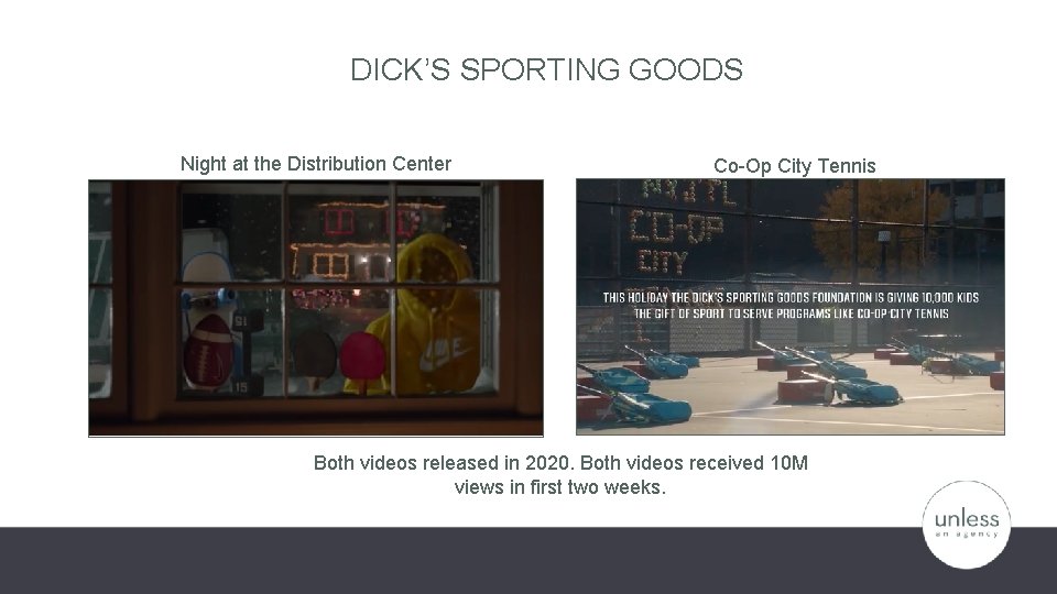 DICK’S SPORTING GOODS Night at the Distribution Center Co-Op City Tennis Both videos released