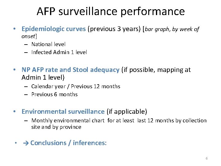 AFP surveillance performance • Epidemiologic curves (previous 3 years) [bar graph, by week of