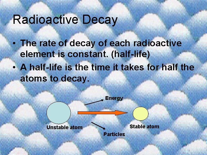 Radioactive Decay • The rate of decay of each radioactive element is constant. (half-life)