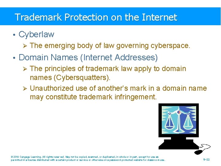 Trademark Protection on the Internet • Cyberlaw Ø The emerging body of law governing