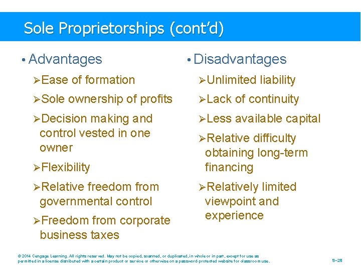 Sole Proprietorships (cont’d) • Advantages • Disadvantages ØEase of formation ØUnlimited liability ØSole ownership