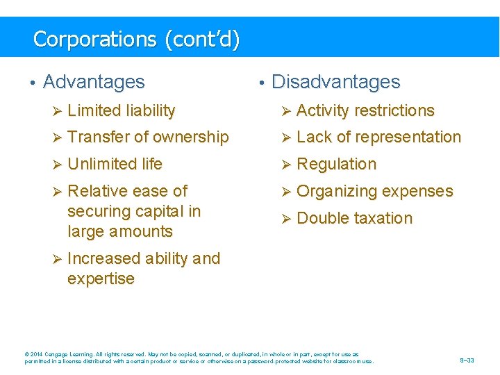 Corporations (cont’d) • Advantages • Disadvantages Ø Limited liability Ø Activity restrictions Ø Transfer