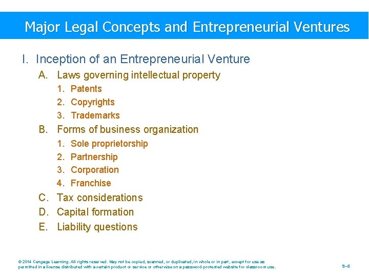 Major Legal Concepts and Entrepreneurial Ventures I. Inception of an Entrepreneurial Venture A. Laws