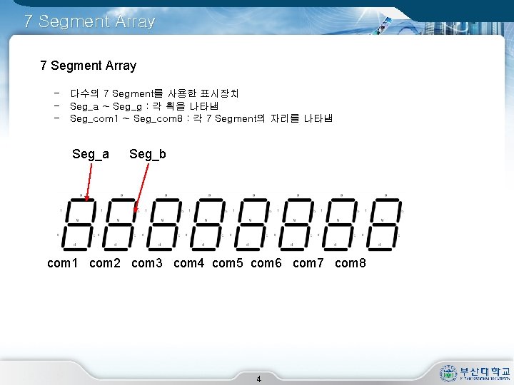 7 Segment Array - 다수의 7 Segment를 사용한 표시장치 - Seg_a ~ Seg_g :