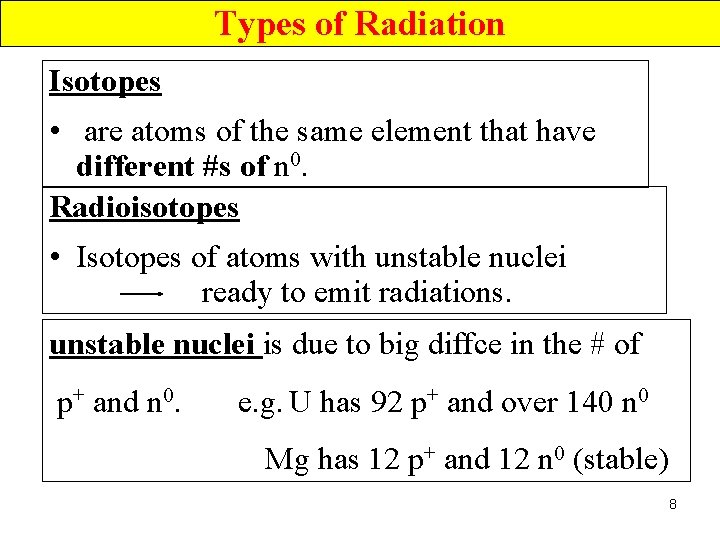 Types of Radiation Isotopes • are atoms of the same element that have different