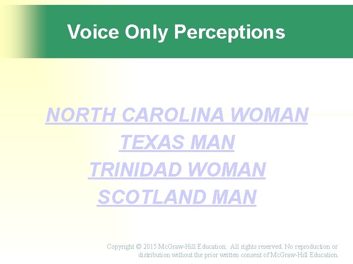 Voice Only Perceptions NORTH CAROLINA WOMAN TEXAS MAN TRINIDAD WOMAN SCOTLAND MAN Copyright ©