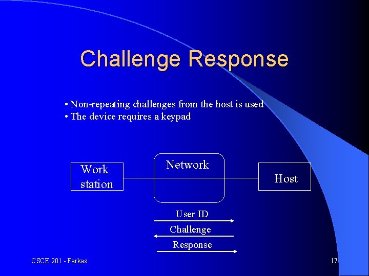 Challenge Response • Non-repeating challenges from the host is used • The device requires