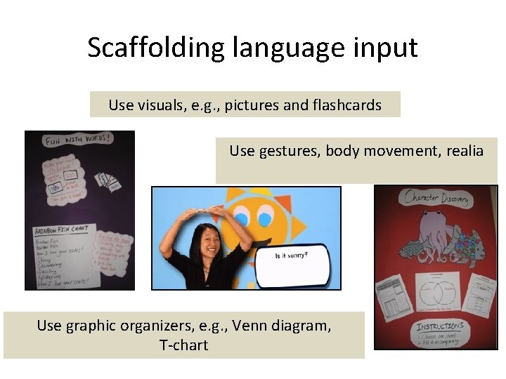 Scaffolding language input Use visuals, e. g. , pictures and flashcards Use gestures, body