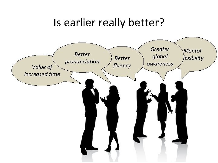 Is earlier really better? Value of increased time Better pronunciation Better fluency Greater global
