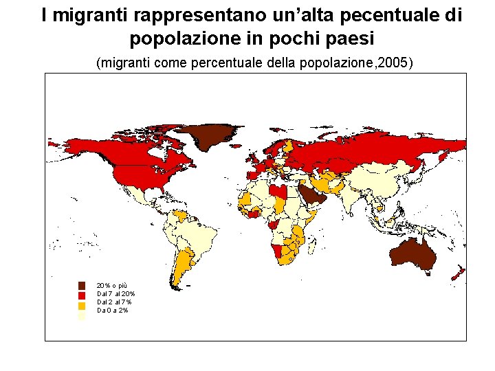 I migranti rappresentano un’alta pecentuale di popolazione in pochi paesi (migranti come percentuale della