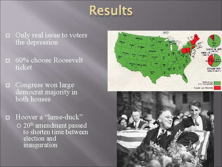 Results Only real issue to voters the depression 60% choose Roosevelt ticket Congress won