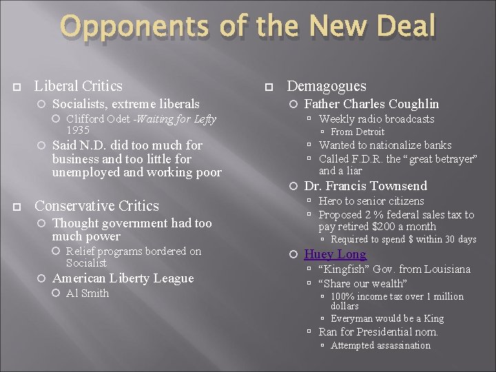 Opponents of the New Deal Liberal Critics Socialists, extreme liberals Demagogues Clifford Odet -Waiting