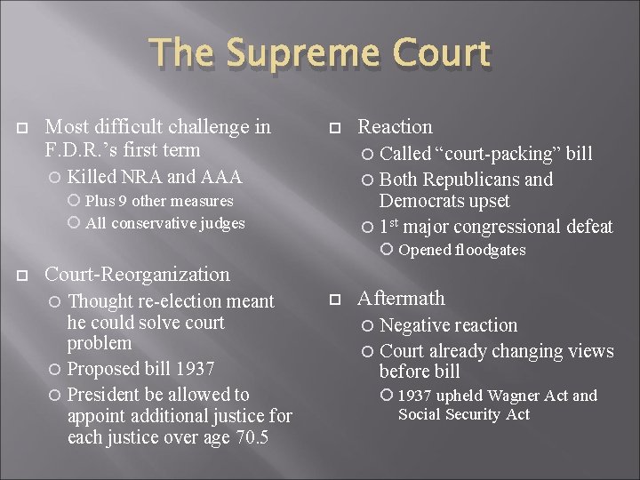 The Supreme Court Most difficult challenge in F. D. R. ’s first term Reaction