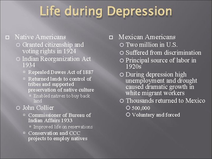 Life during Depression Native Americans Granted citizenship and voting rights in 1924 Indian Reorganization