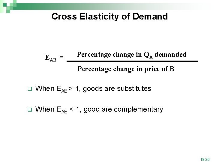 Cross Elasticity of Demand EAB = Percentage change in QA demanded Percentage change in