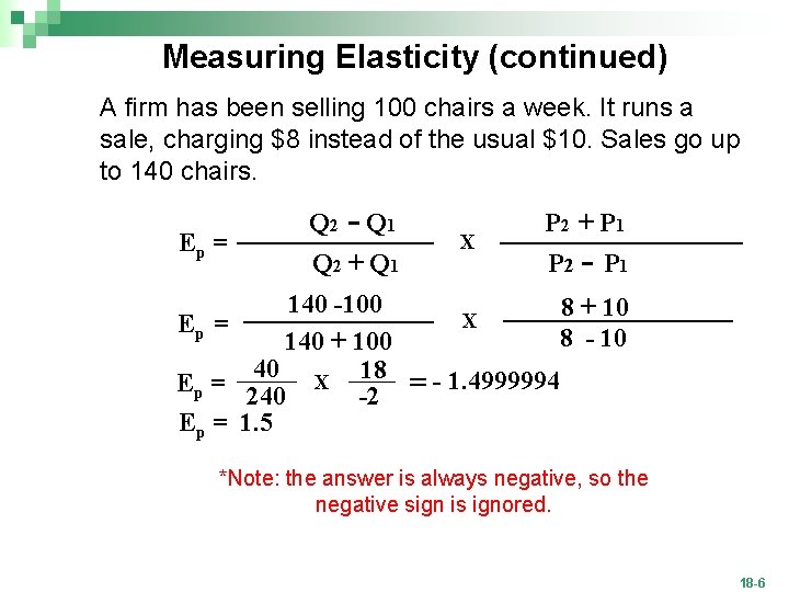 Measuring Elasticity (continued) A firm has been selling 100 chairs a week. It runs