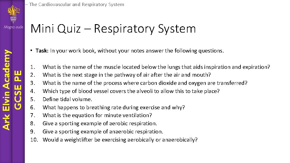 Unit title The Cardiovascular and Respiratory System Lesson