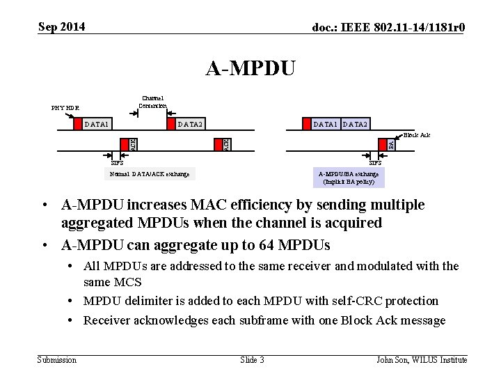 Sep 2014 doc. : IEEE 802. 11 -14/1181 r 0 A-MPDU Channel Contention PHY