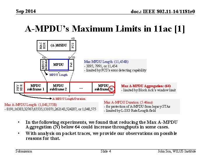 Sep 2014 doc. : IEEE 802. 11 -14/1181 r 0 A-MPDU’s Maximum Limits in