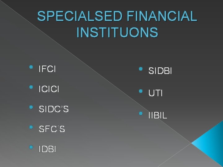 SPECIALSED FINANCIAL INSTITUONS • • • IFCI ICICI SIDC’S SFC’S IDBI • • •