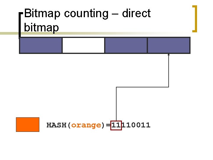 Bitmap counting – direct bitmap HASH(orange)=11110011 