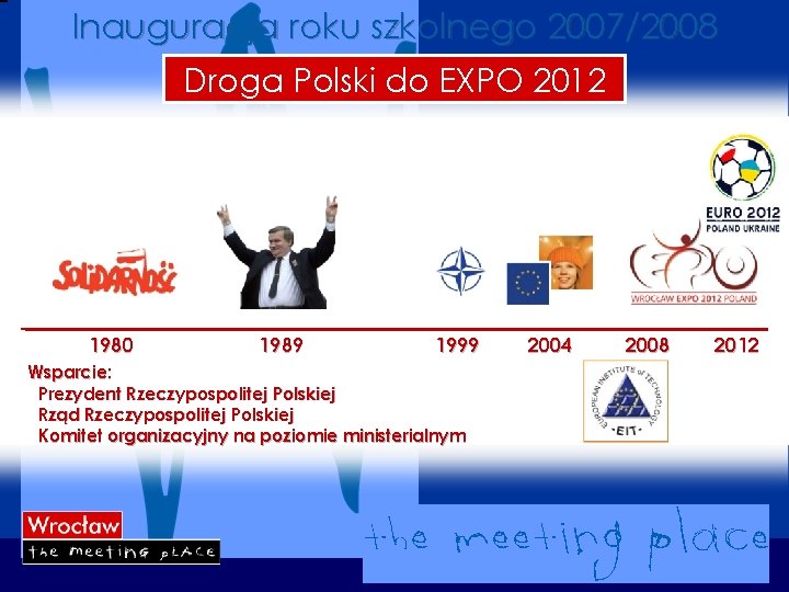 Inauguracja roku szkolnego 2007/2008 Droga Polski do EXPO 2012 1980 1989 1999 Wsparcie: Prezydent