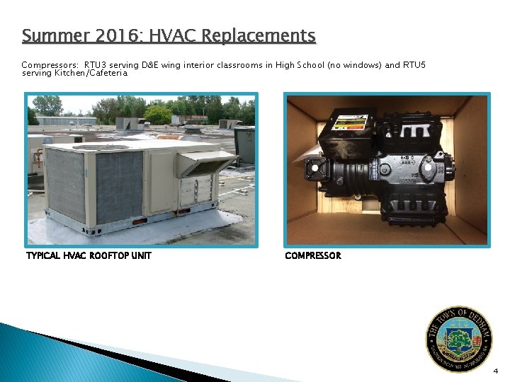 Summer 2016: HVAC Replacements Compressors: RTU 3 serving D&E wing interior classrooms in High