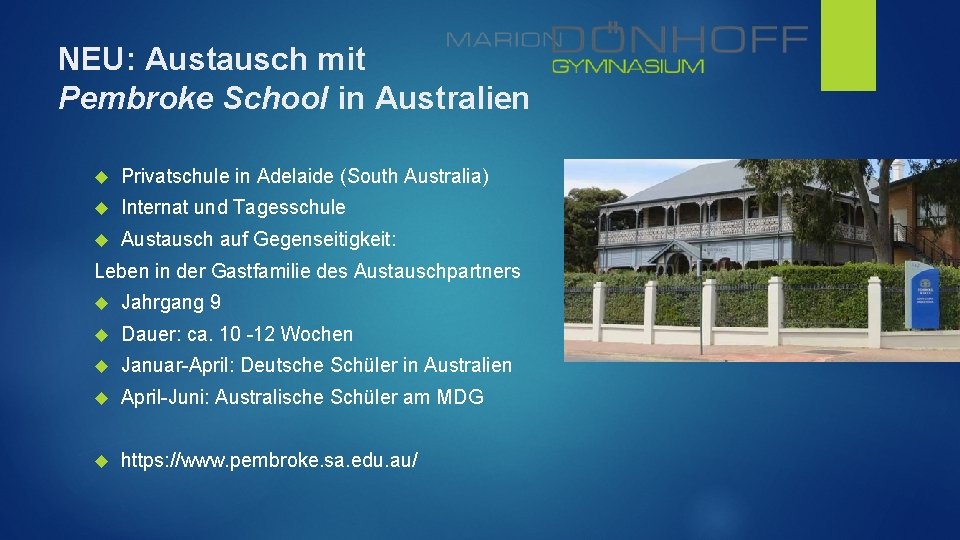 NEU: Austausch mit Pembroke School in Australien Privatschule in Adelaide (South Australia) Internat und