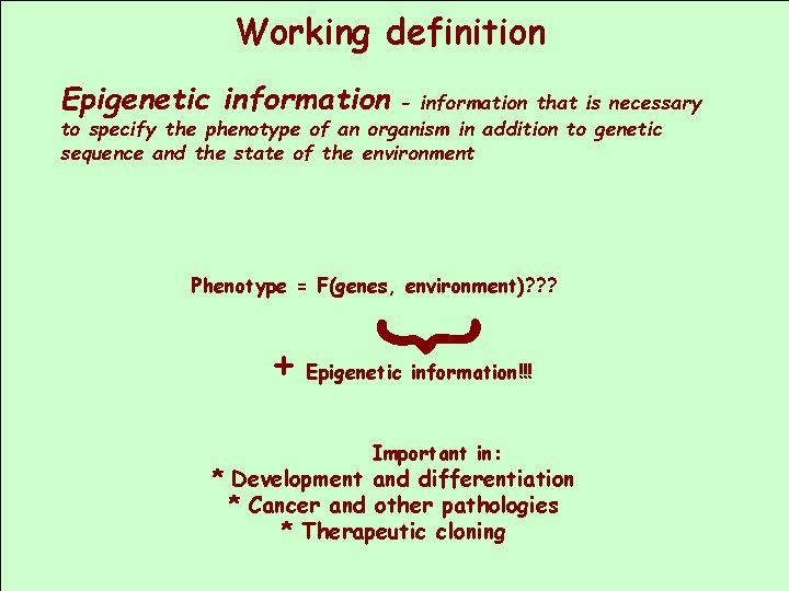 Working definition Epigenetic information - information that is necessary to specify the phenotype of