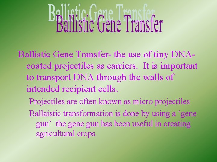 Ballistic Gene Transfer- the use of tiny DNAcoated projectiles as carriers. It is important